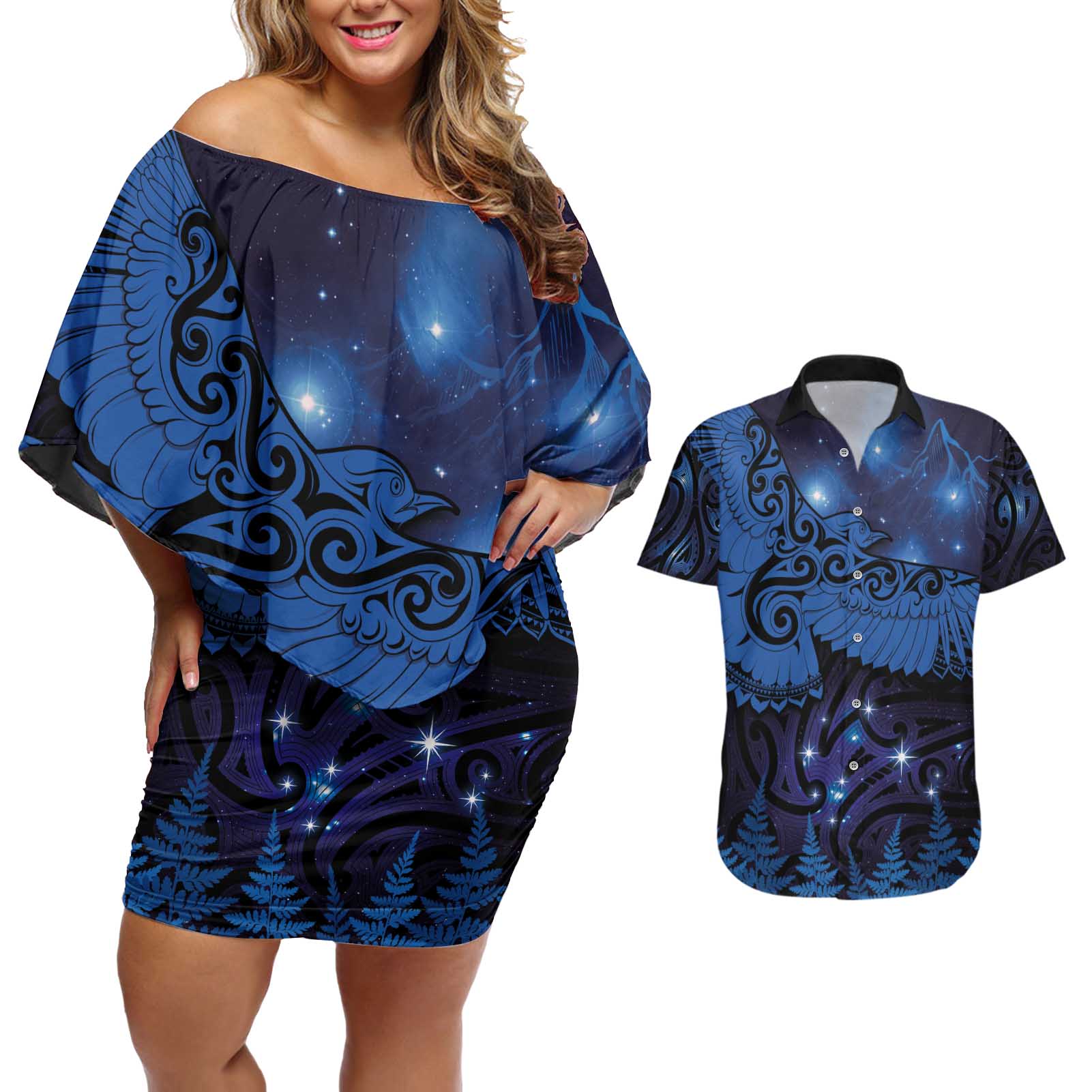 New Zealand Kea Bird Couples Matching Off Shoulder Short Dress and Hawaiian Shirt Maori Tattoo and Silver Fern Matariki Style