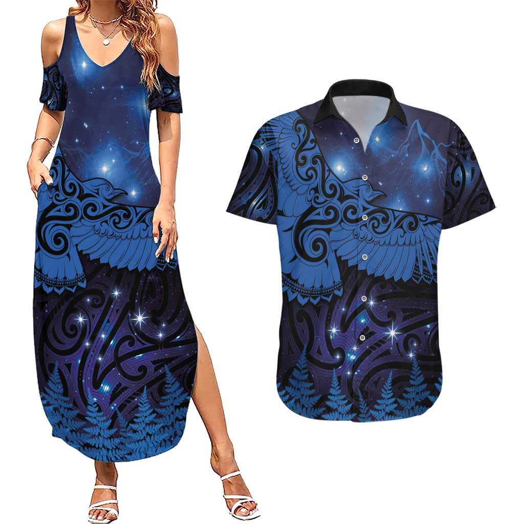 New Zealand Kea Bird Couples Matching Summer Maxi Dress and Hawaiian Shirt Maori Tattoo and Silver Fern Matariki Style