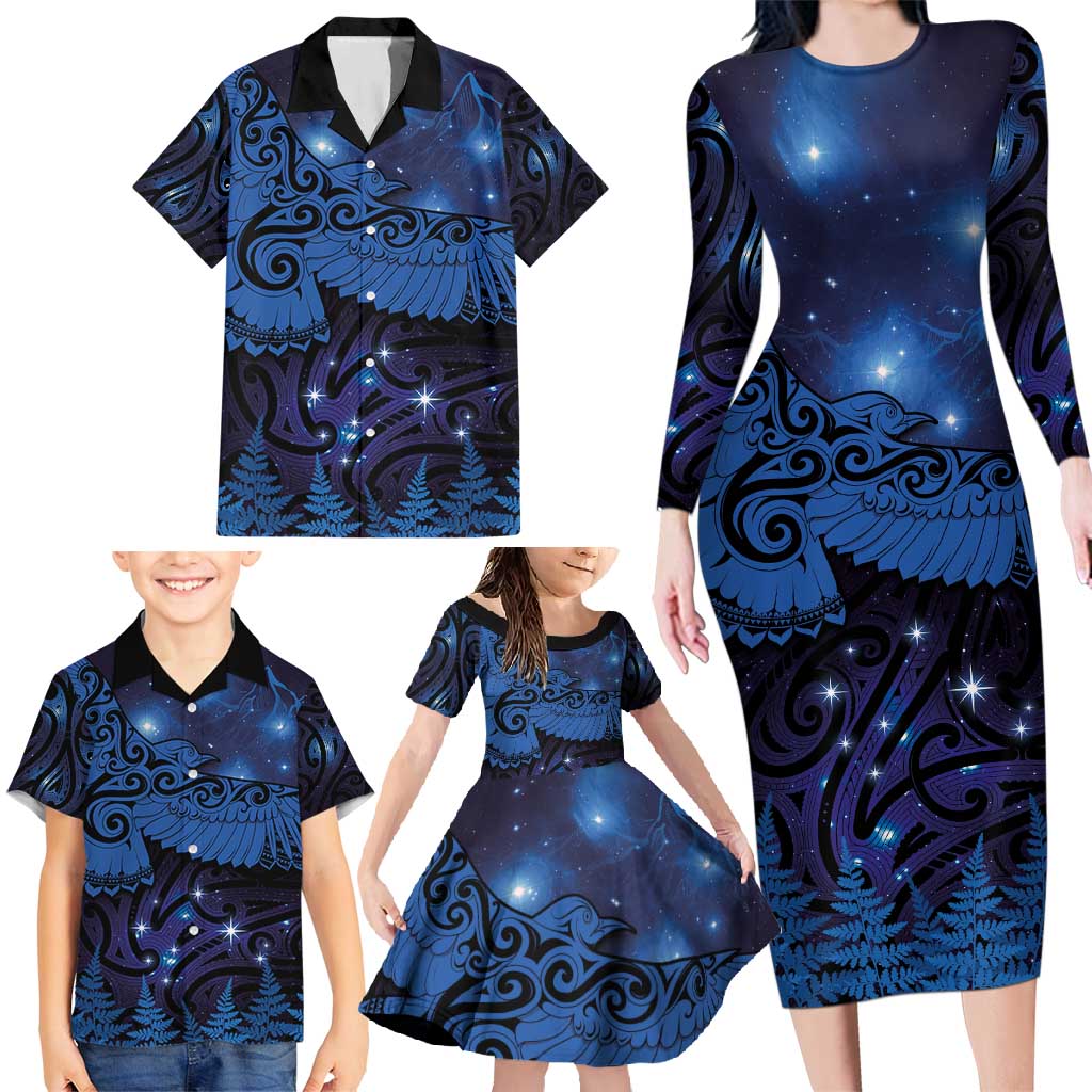 New Zealand Kea Bird Family Matching Long Sleeve Bodycon Dress and Hawaiian Shirt Maori Tattoo and Silver Fern Matariki Style