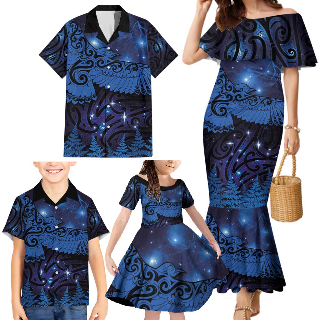 New Zealand Kea Bird Family Matching Mermaid Dress and Hawaiian Shirt Maori Tattoo and Silver Fern Matariki Style