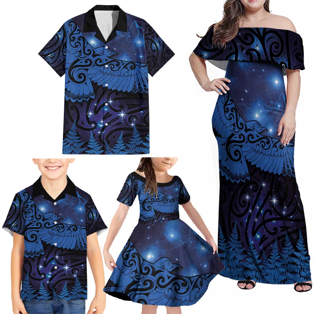 New Zealand Kea Bird Family Matching Off Shoulder Maxi Dress and Hawaiian Shirt Maori Tattoo and Silver Fern Matariki Style