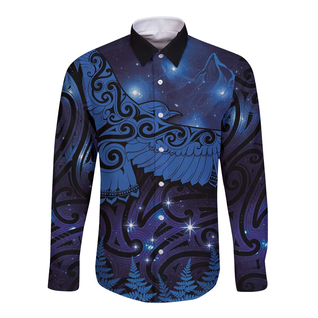 New Zealand Kea Bird Long Sleeve Button Shirt Maori Tattoo and Silver Fern Matariki Style