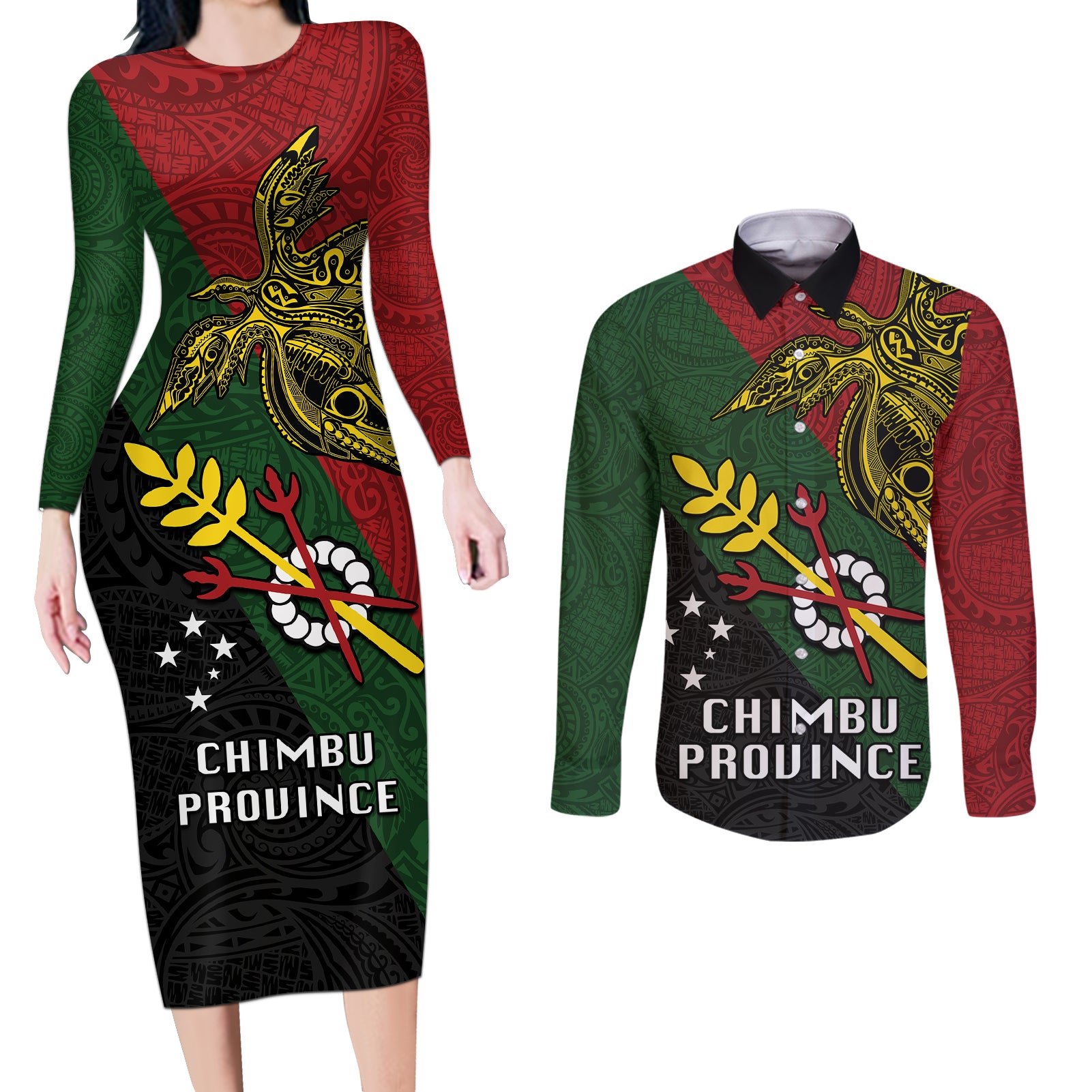 Papua New Guinea Chimbu Province Couples Matching Long Sleeve Bodycon Dress and Long Sleeve Button Shirts PNG Birds Of Paradise Polynesian Arty Style LT03 Green - Polynesian Pride