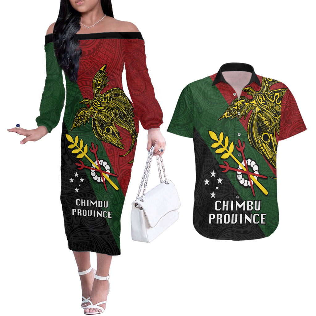 Papua New Guinea Chimbu Province Couples Matching Off The Shoulder Long Sleeve Dress and Hawaiian Shirt PNG Birds Of Paradise Polynesian Arty Style LT03 Green - Polynesian Pride