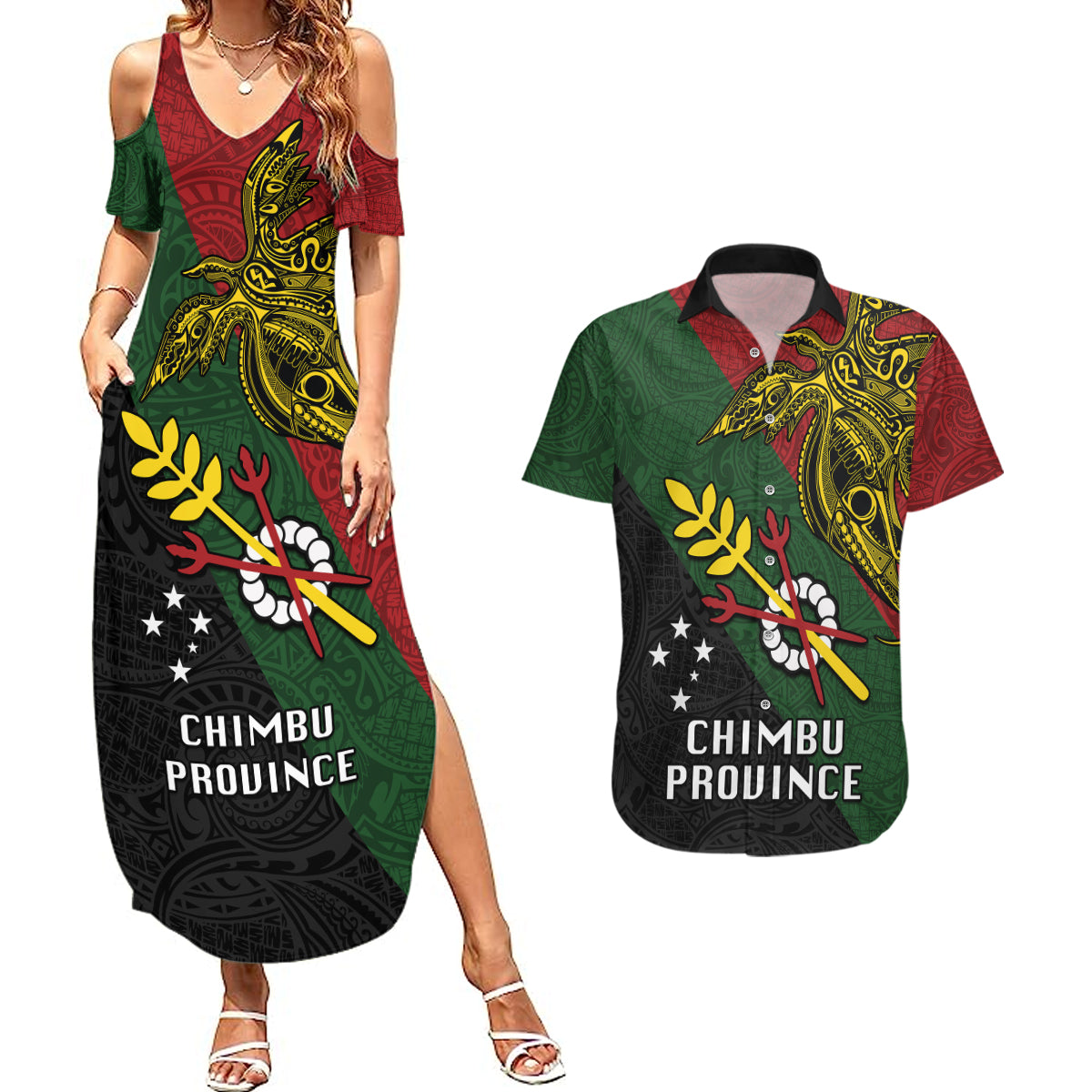 Papua New Guinea Chimbu Province Couples Matching Summer Maxi Dress and Hawaiian Shirt PNG Birds Of Paradise Polynesian Arty Style LT03 Green - Polynesian Pride