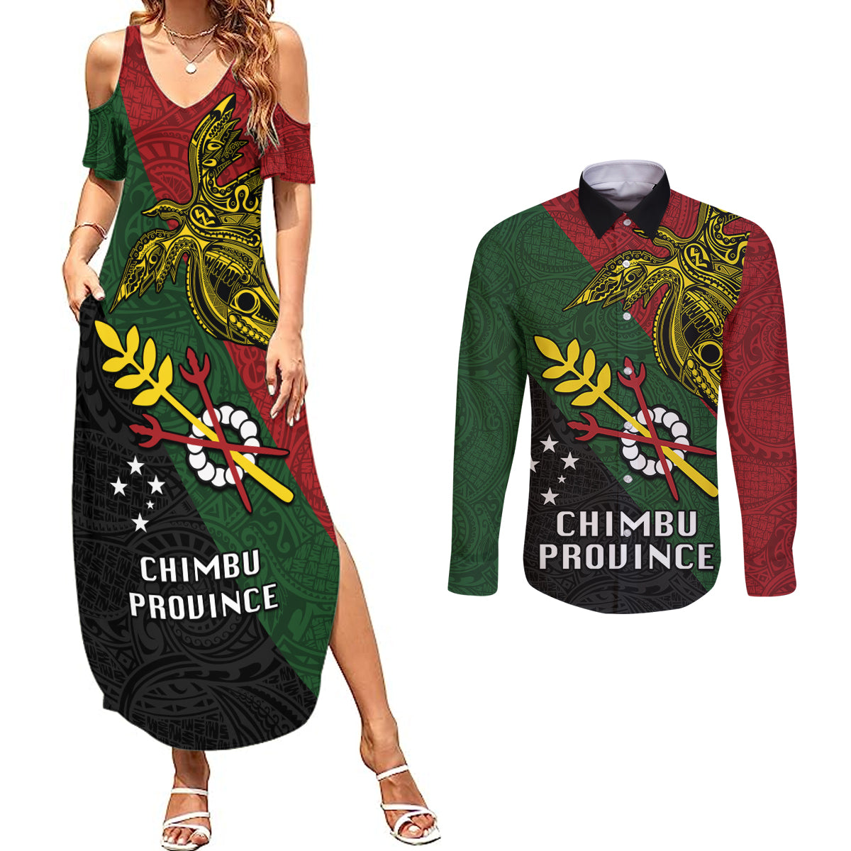 Papua New Guinea Chimbu Province Couples Matching Summer Maxi Dress and Long Sleeve Button Shirts PNG Birds Of Paradise Polynesian Arty Style LT03 Green - Polynesian Pride