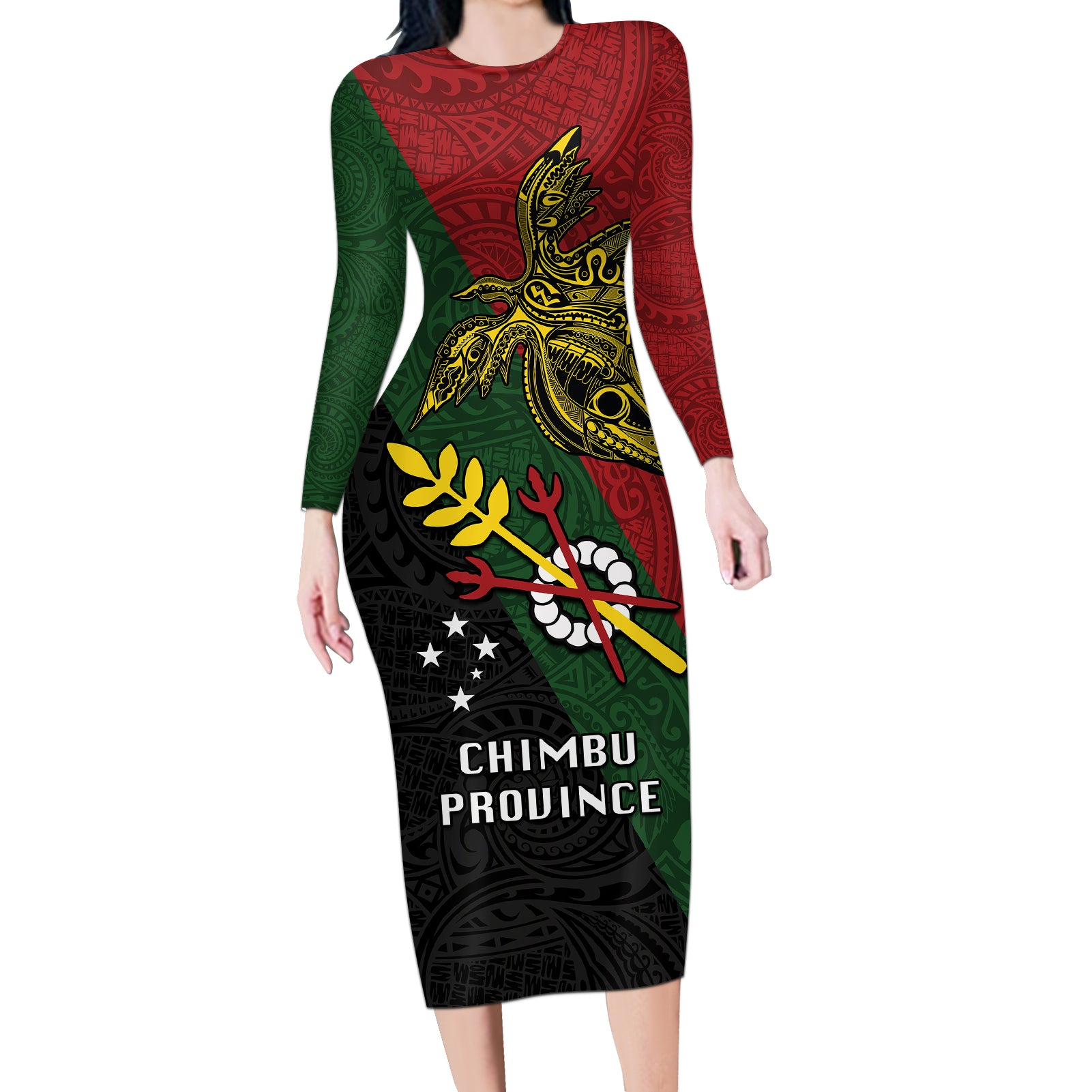 Papua New Guinea Chimbu Province Long Sleeve Bodycon Dress PNG Birds Of Paradise Polynesian Arty Style LT03 Long Dress Green - Polynesian Pride