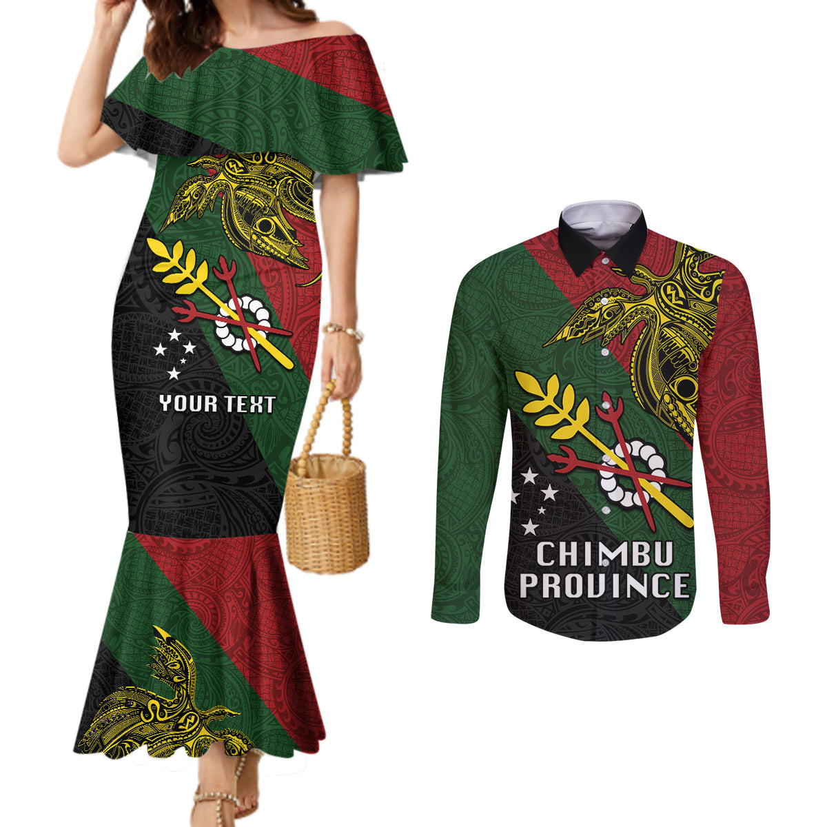 Custom Papua New Guinea Chimbu Province Couples Matching Mermaid Dress and Long Sleeve Button Shirts PNG Birds Of Paradise Polynesian Arty Style LT03 Green - Polynesian Pride