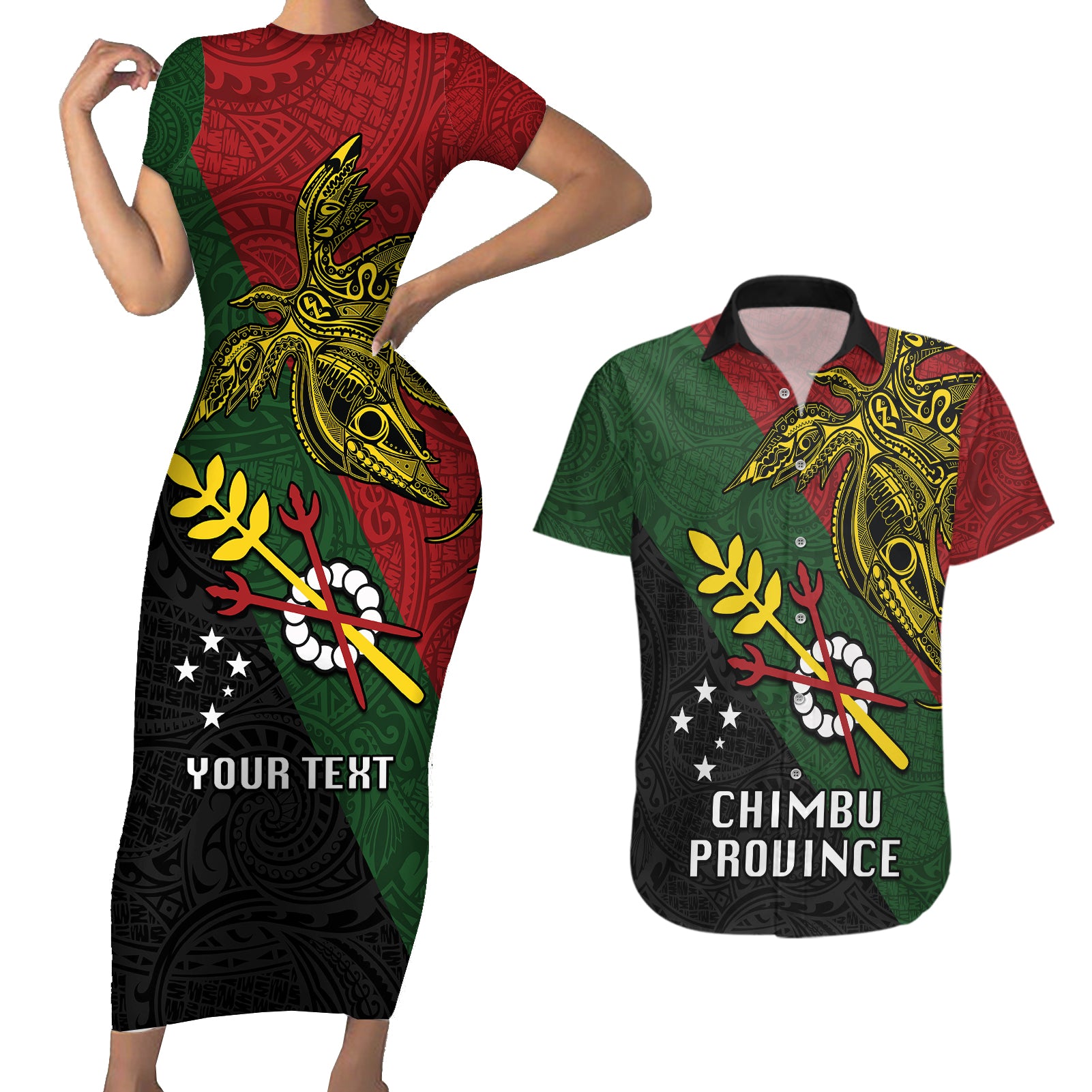 Custom Papua New Guinea Chimbu Province Couples Matching Short Sleeve Bodycon Dress and Hawaiian Shirt PNG Birds Of Paradise Polynesian Arty Style LT03 Green - Polynesian Pride