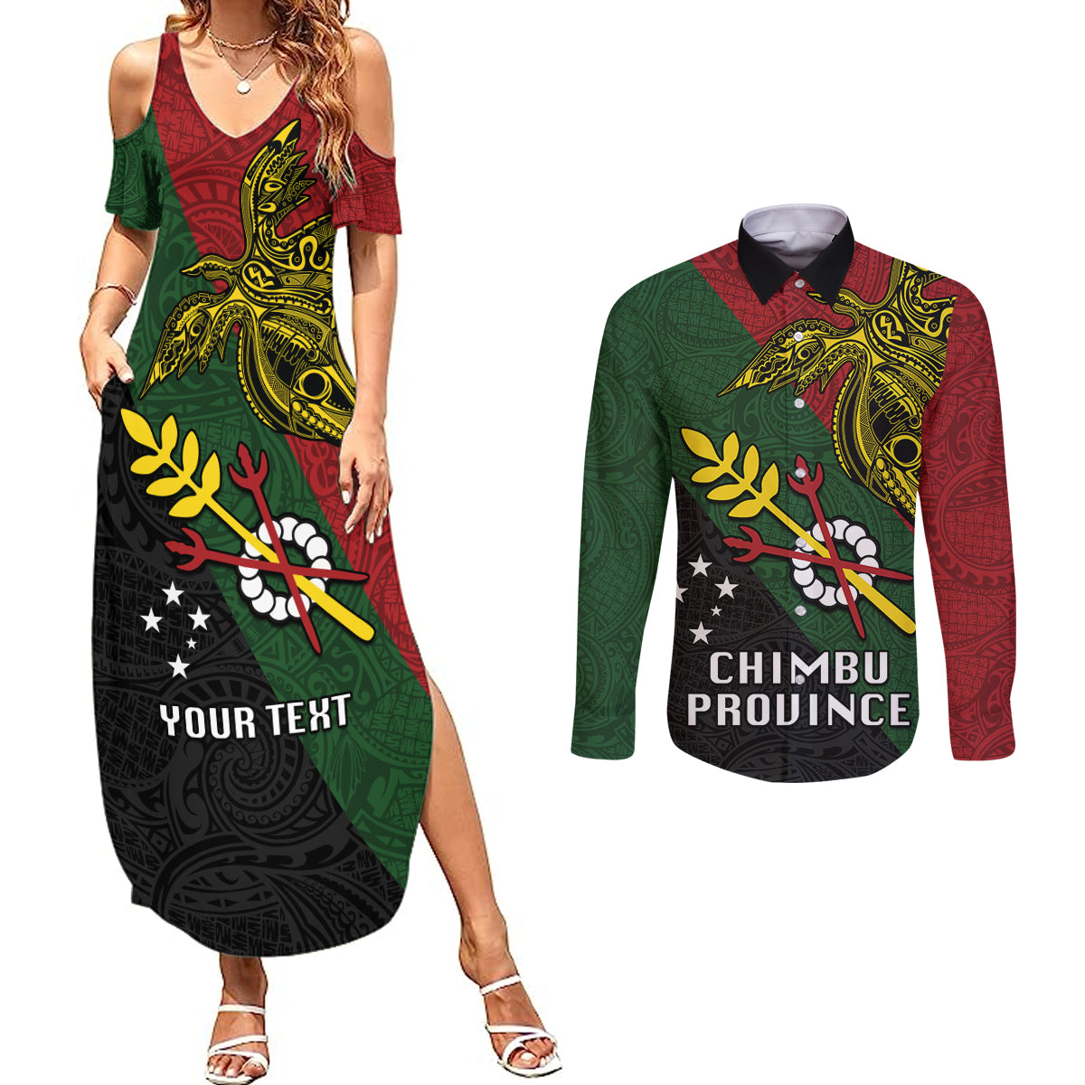 Custom Papua New Guinea Chimbu Province Couples Matching Summer Maxi Dress and Long Sleeve Button Shirts PNG Birds Of Paradise Polynesian Arty Style LT03 Green - Polynesian Pride