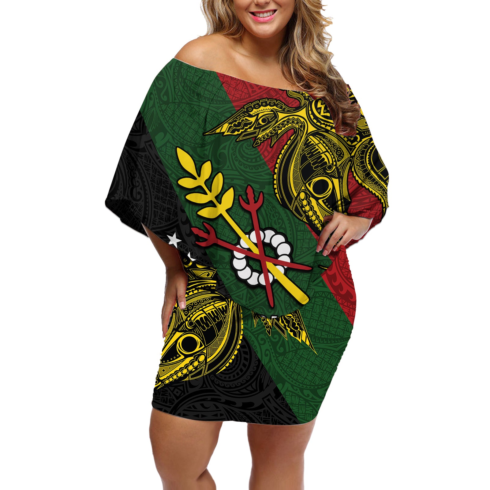 Custom Papua New Guinea Chimbu Province Off Shoulder Short Dress PNG Birds Of Paradise Polynesian Arty Style LT03 Women Green - Polynesian Pride