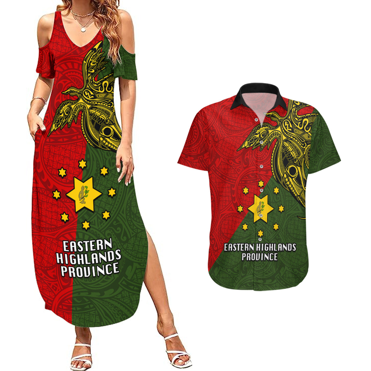 Papua New Guinea Eastern Highlands Province Couples Matching Summer Maxi Dress and Hawaiian Shirt PNG Birds Of Paradise Polynesian Arty Style LT03 Green - Polynesian Pride