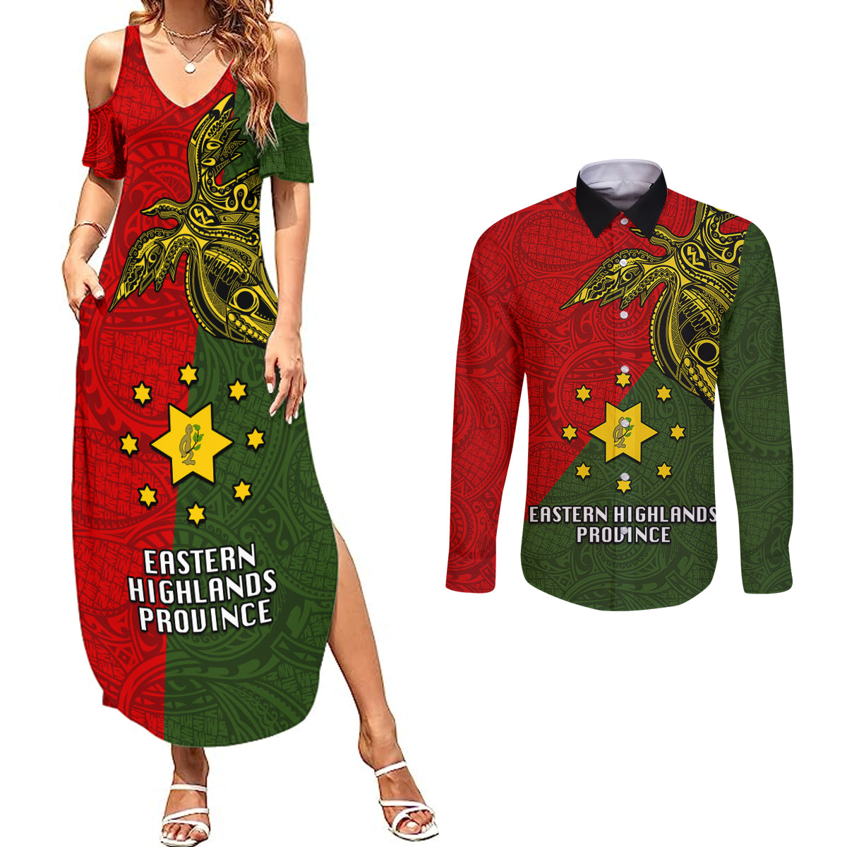 Papua New Guinea Eastern Highlands Province Couples Matching Summer Maxi Dress and Long Sleeve Button Shirts PNG Birds Of Paradise Polynesian Arty Style LT03 Green - Polynesian Pride