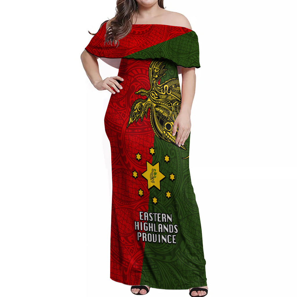 Papua New Guinea Eastern Highlands Province Off Shoulder Maxi Dress PNG Birds Of Paradise Polynesian Arty Style LT03 Women Green - Polynesian Pride