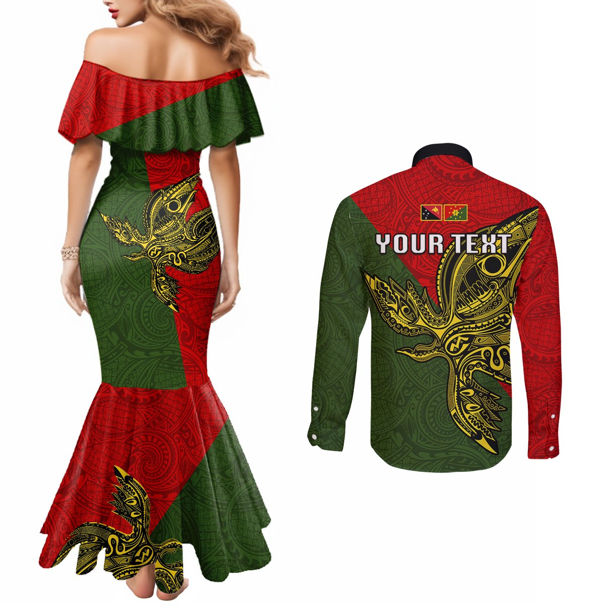 Custom Papua New Guinea Eastern Highlands Province Couples Matching Mermaid Dress and Long Sleeve Button Shirts PNG Birds Of Paradise Polynesian Arty Style LT03 - Polynesian Pride