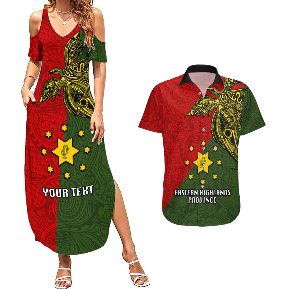 Custom Papua New Guinea Eastern Highlands Province Couples Matching Summer Maxi Dress and Hawaiian Shirt PNG Birds Of Paradise Polynesian Arty Style LT03 Green - Polynesian Pride