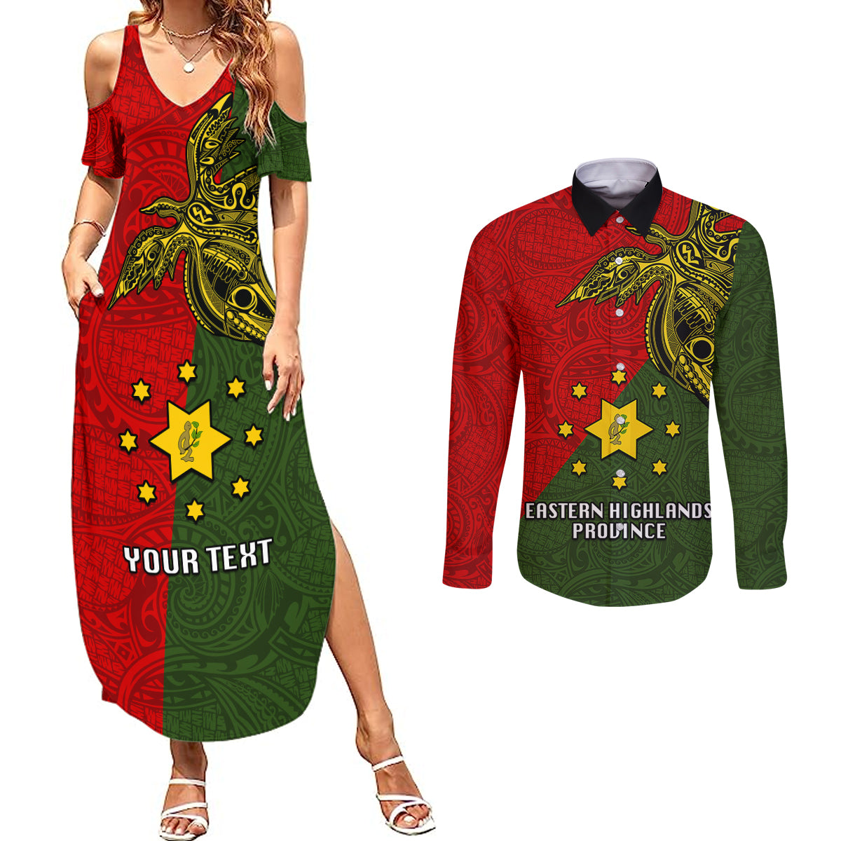 Custom Papua New Guinea Eastern Highlands Province Couples Matching Summer Maxi Dress and Long Sleeve Button Shirts PNG Birds Of Paradise Polynesian Arty Style LT03 Green - Polynesian Pride