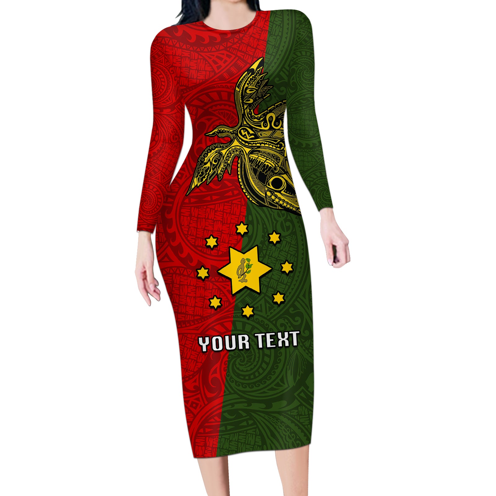 Custom Papua New Guinea Eastern Highlands Province Long Sleeve Bodycon Dress PNG Birds Of Paradise Polynesian Arty Style LT03 Long Dress Green - Polynesian Pride