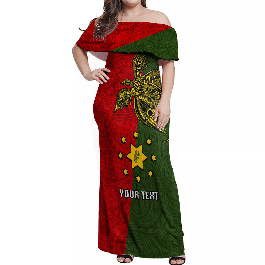 Custom Papua New Guinea Eastern Highlands Province Off Shoulder Maxi Dress PNG Birds Of Paradise Polynesian Arty Style LT03 Women Green - Polynesian Pride