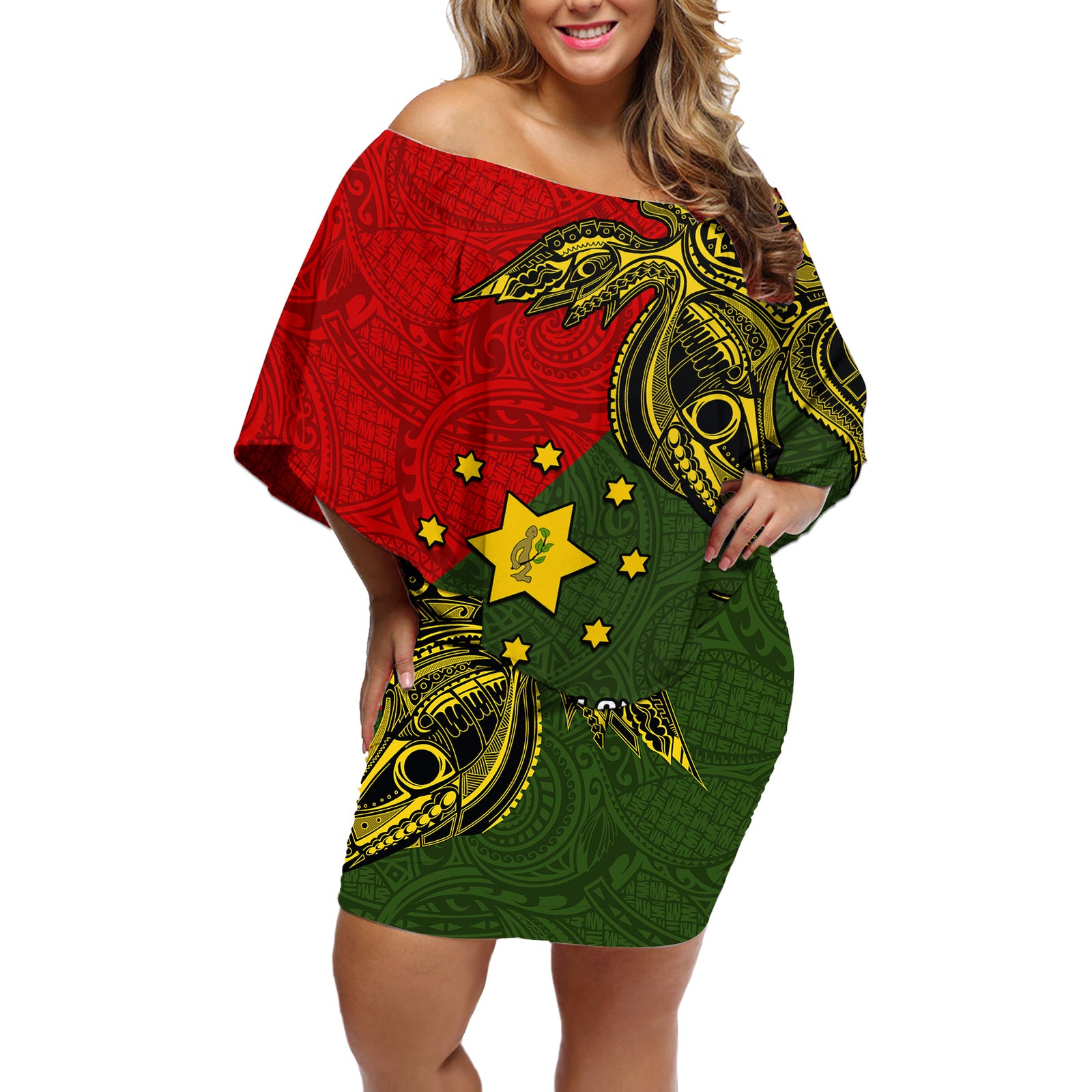 Custom Papua New Guinea Eastern Highlands Province Off Shoulder Short Dress PNG Birds Of Paradise Polynesian Arty Style LT03 Women Green - Polynesian Pride