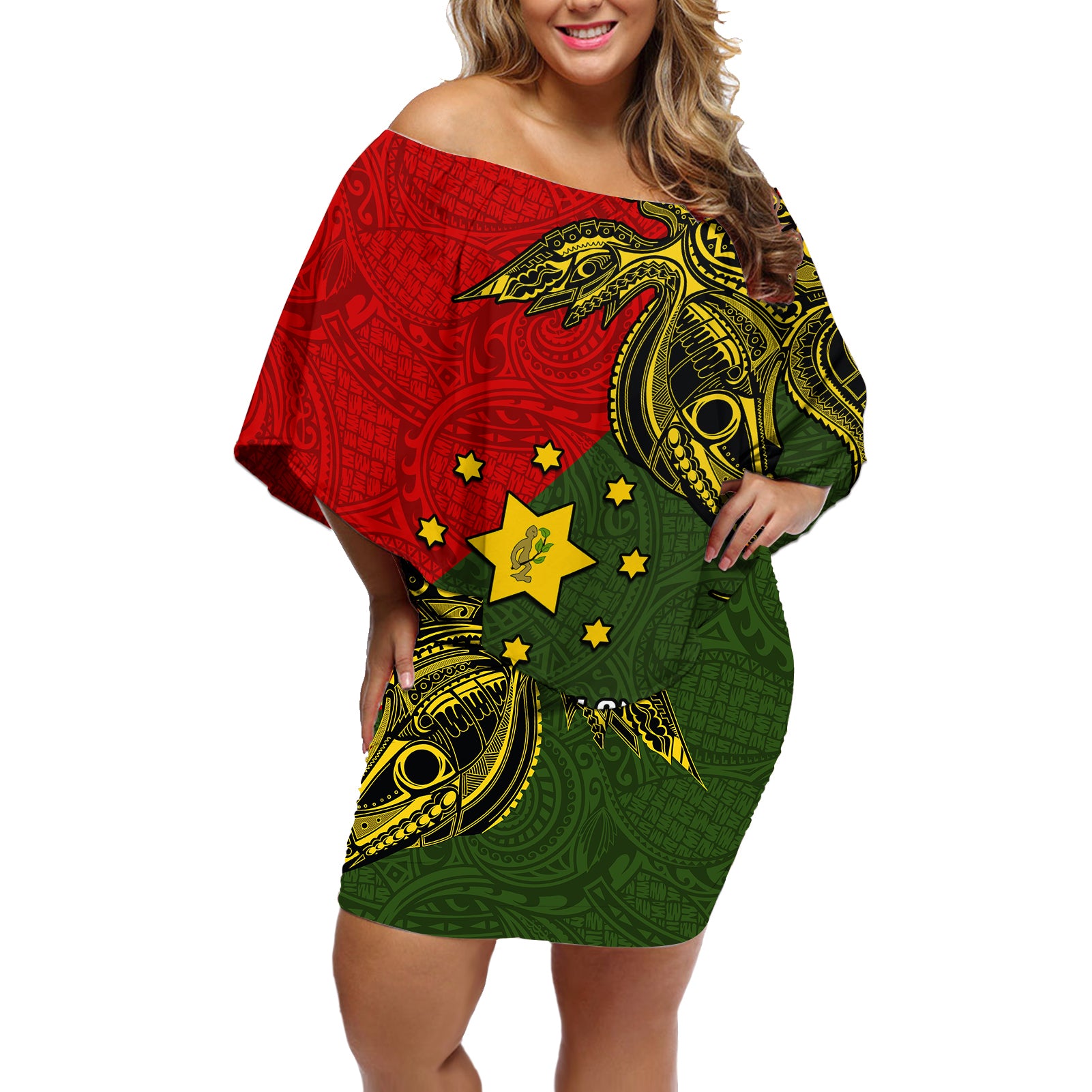 Custom Papua New Guinea Eastern Highlands Province Off Shoulder Short Dress PNG Birds Of Paradise Polynesian Arty Style LT03 Women Green - Polynesian Pride