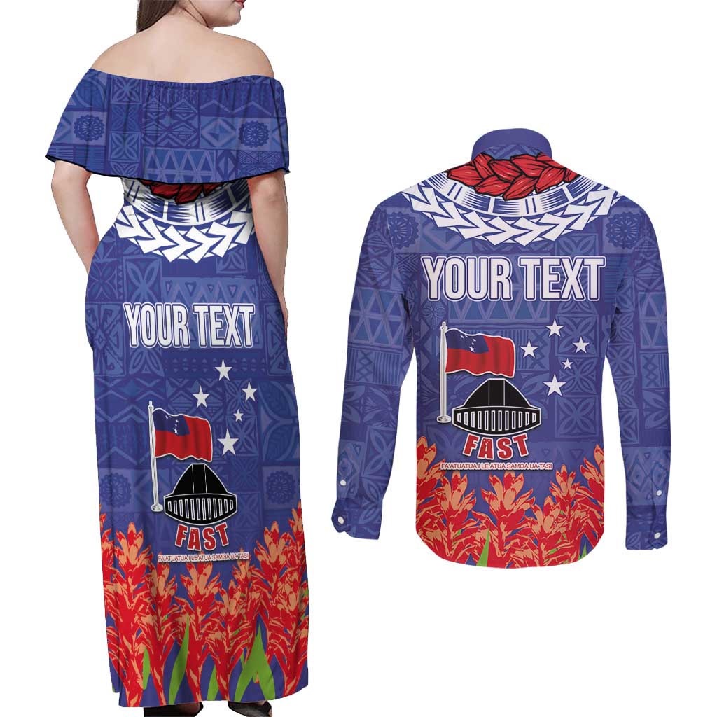 FAST Party Samoa Couples Matching Off Shoulder Maxi Dress and Long Sleeve Button Shirt Ula Fala Teuila Polynesian Tapa Pattern