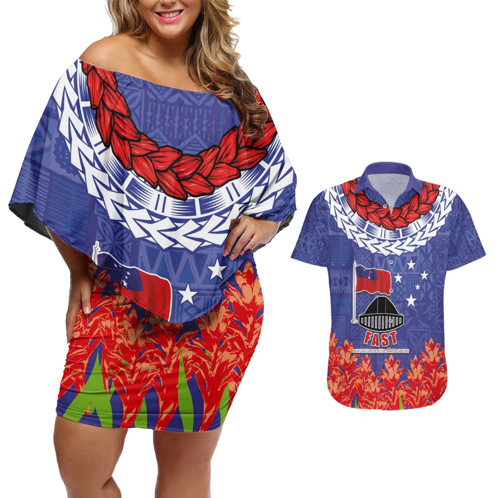 FAST Party Samoa Couples Matching Off Shoulder Short Dress and Hawaiian Shirt Ula Fala Teuila Polynesian Tapa Pattern LT03 Blue - Polynesian Pride