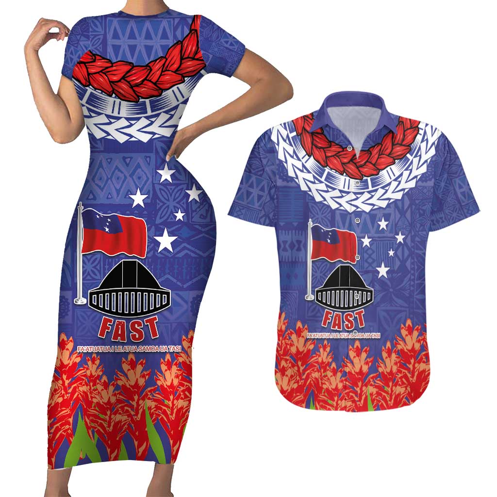 FAST Party Samoa Couples Matching Short Sleeve Bodycon Dress and Hawaiian Shirt Ula Fala Teuila Polynesian Tapa Pattern LT03 Blue - Polynesian Pride