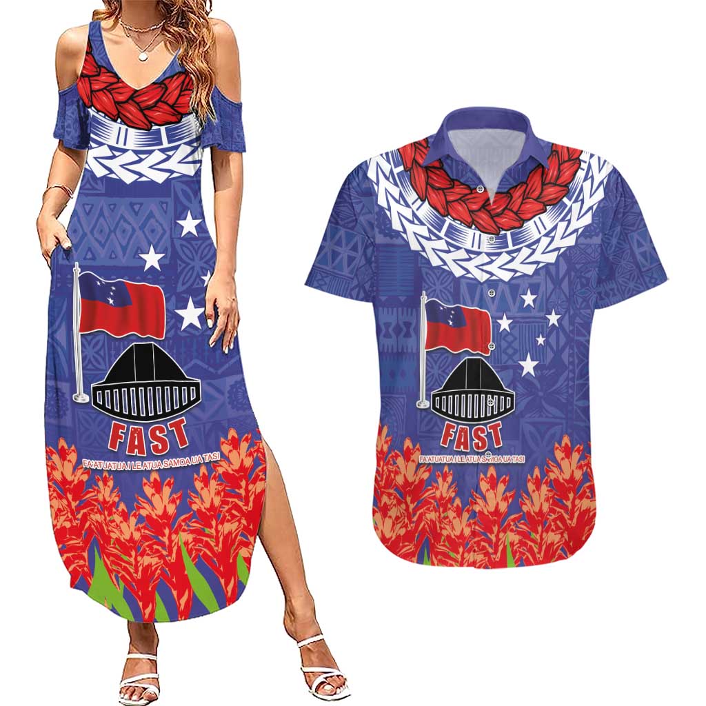 FAST Party Samoa Couples Matching Summer Maxi Dress and Hawaiian Shirt Ula Fala Teuila Polynesian Tapa Pattern LT03 Blue - Polynesian Pride