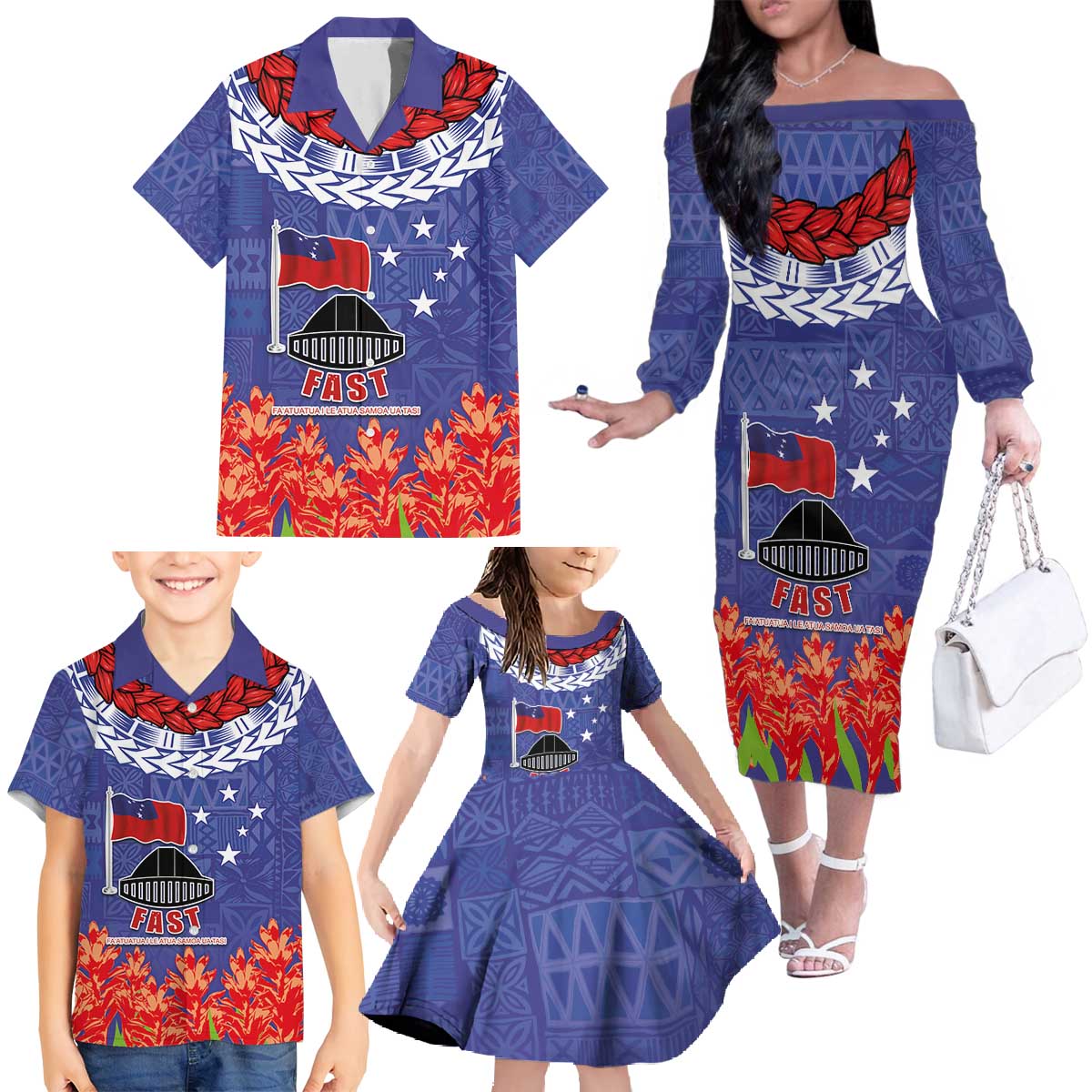 FAST Party Samoa Family Matching Off The Shoulder Long Sleeve Dress and Hawaiian Shirt Ula Fala Teuila Polynesian Tapa Pattern