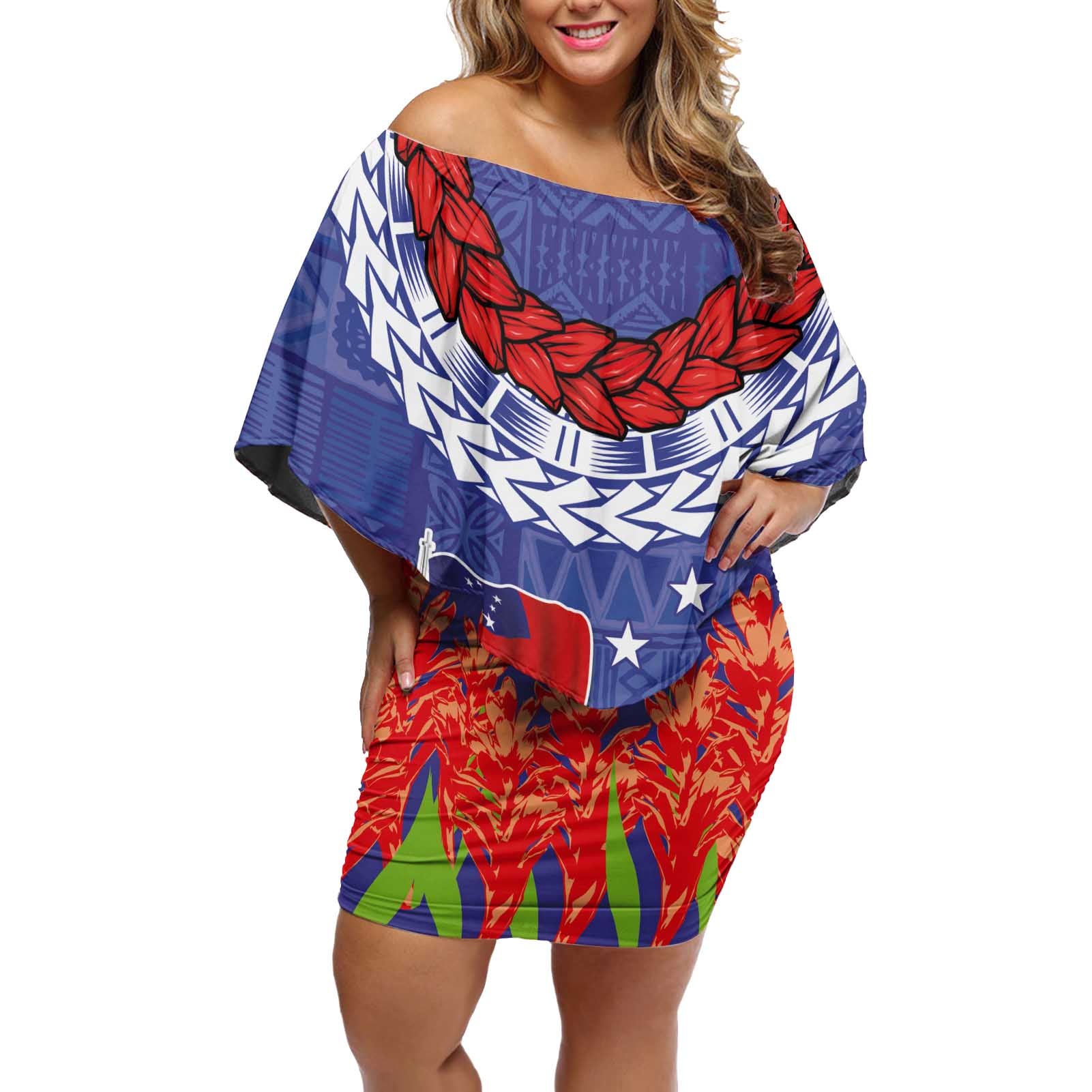 FAST Party Samoa Off Shoulder Short Dress Ula Fala Teuila Polynesian Tapa Pattern