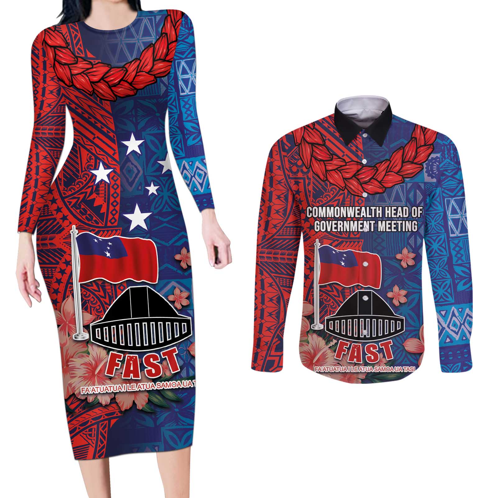 CHOGM FAST Samoa 2024 Couples Matching Long Sleeve Bodycon Dress and Long Sleeve Button Shirt Samoan Tapa Tribal and Ornament Pattern with Hibiscus