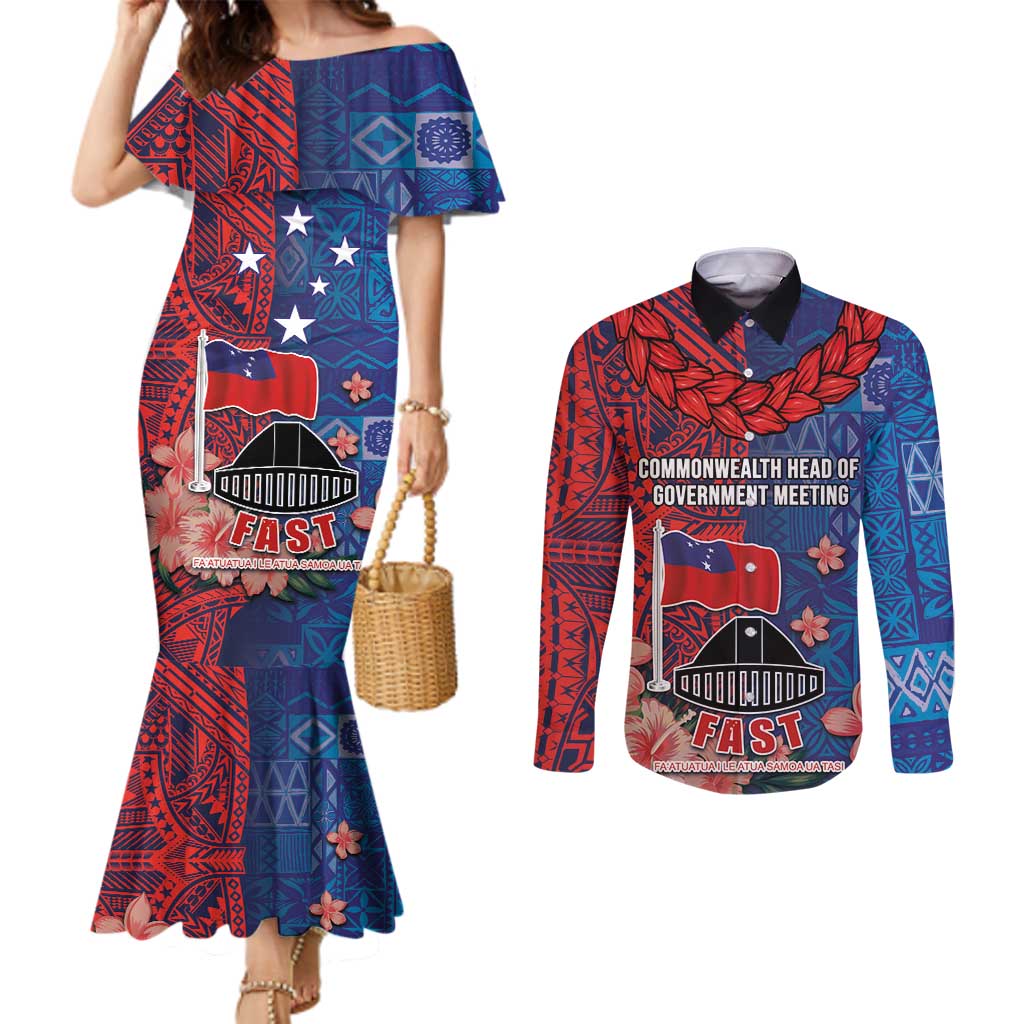 CHOGM FAST Samoa 2024 Couples Matching Mermaid Dress and Long Sleeve Button Shirt Samoan Tapa Tribal and Ornament Pattern with Hibiscus