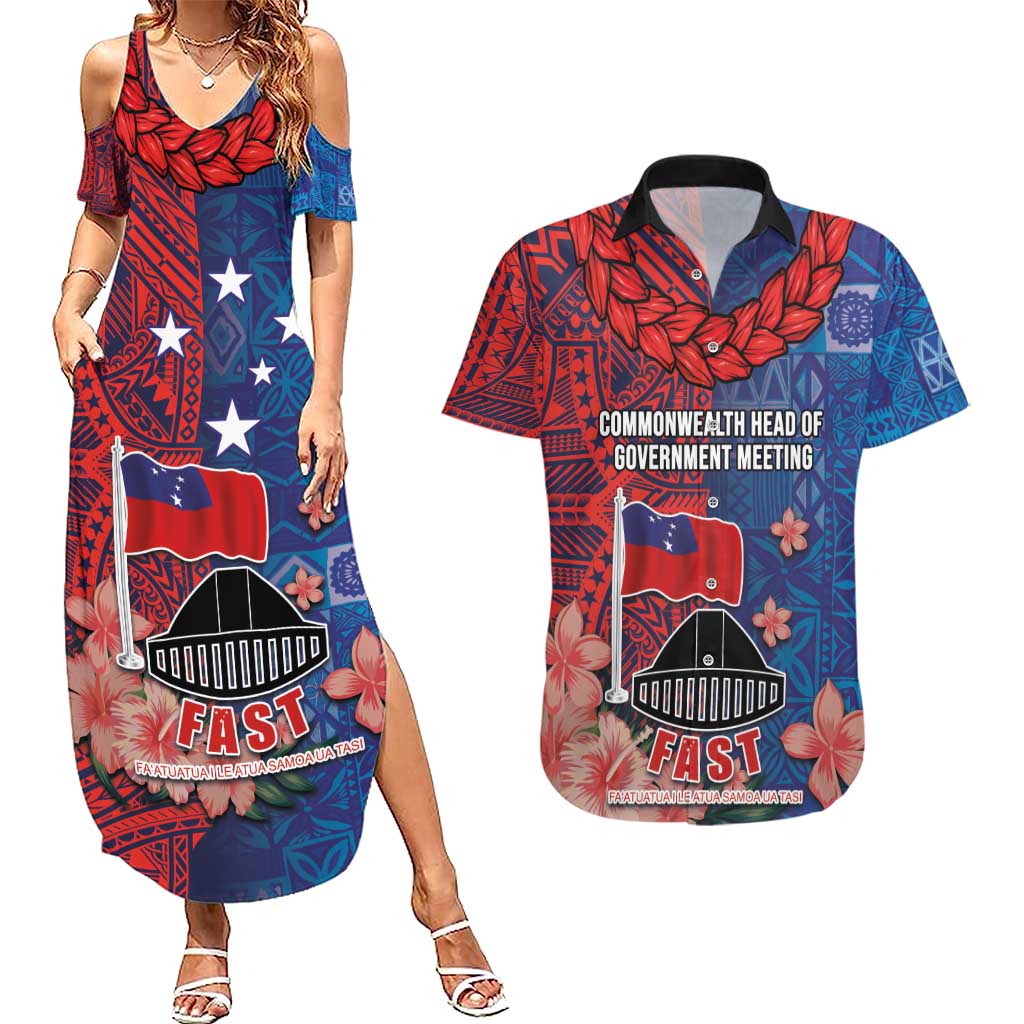 CHOGM FAST Samoa 2024 Couples Matching Summer Maxi Dress and Hawaiian Shirt Samoan Tapa Tribal and Ornament Pattern with Hibiscus