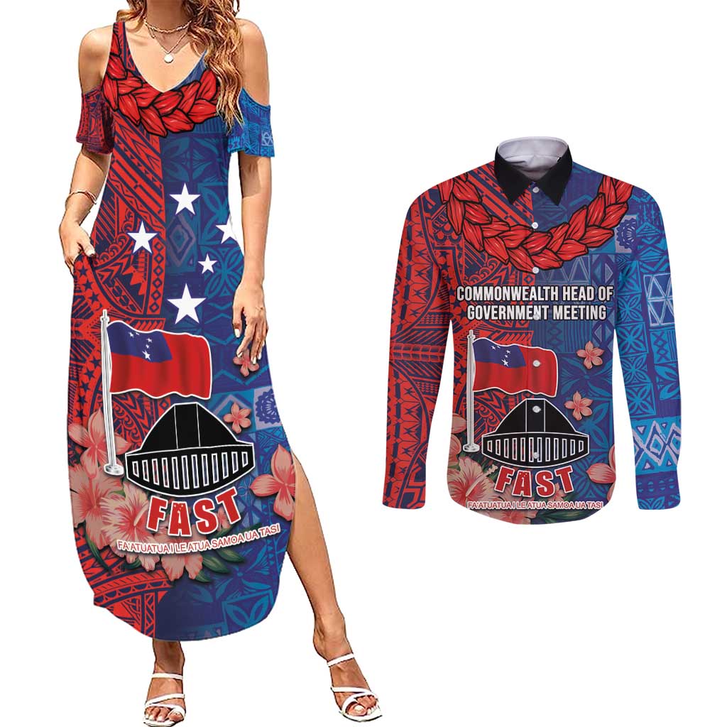 CHOGM FAST Samoa 2024 Couples Matching Summer Maxi Dress and Long Sleeve Button Shirt Samoan Tapa Tribal and Ornament Pattern with Hibiscus