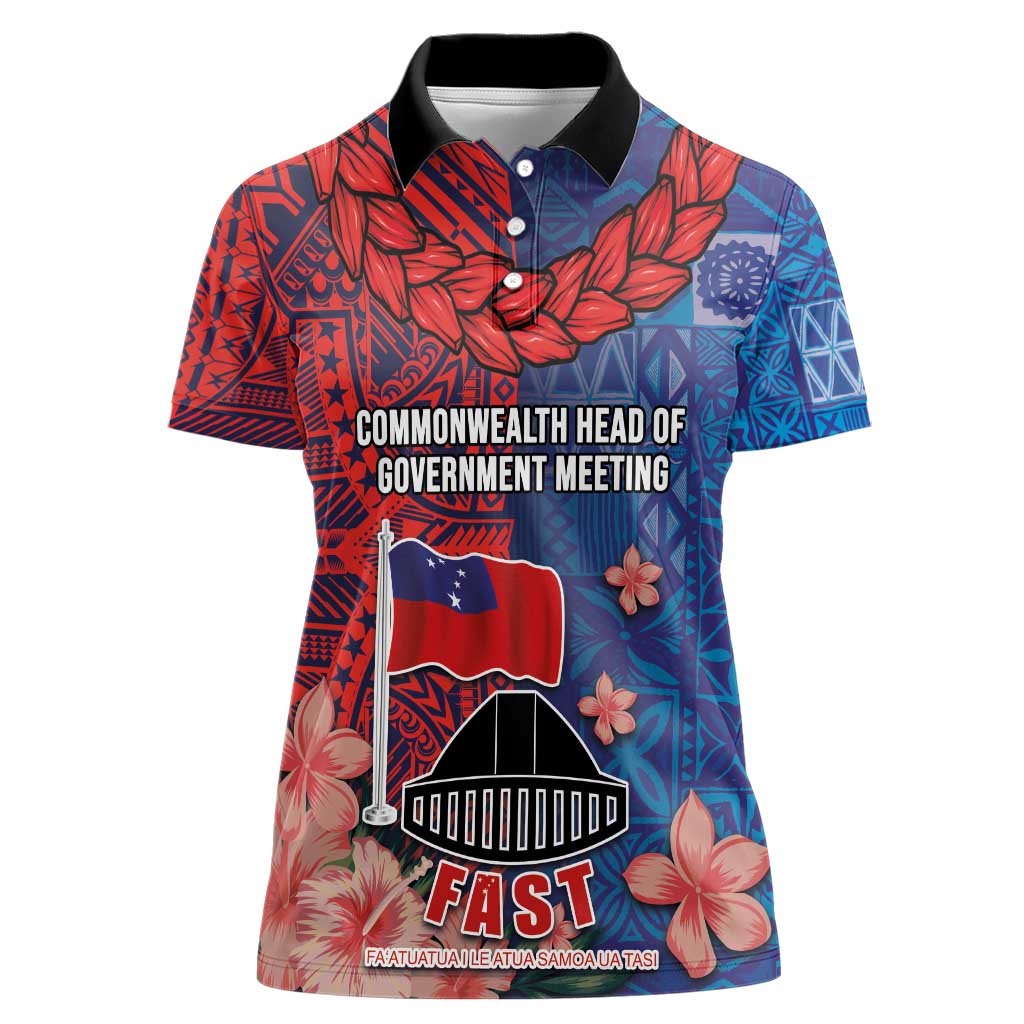 CHOGM FAST Samoa 2024 Women Polo Shirt Samoan Tapa Tribal and Ornament Pattern with Hibiscus