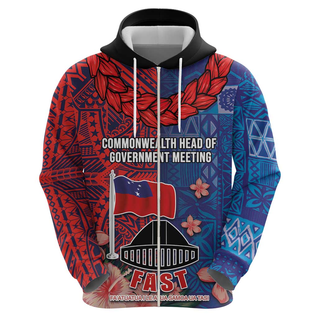 CHOGM FAST Samoa 2024 Zip Hoodie Samoan Tapa Tribal and Ornament Pattern with Hibiscus