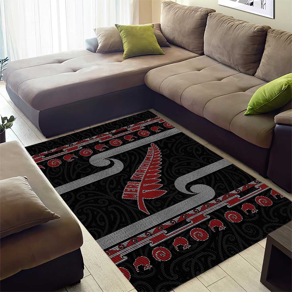 New Zealand Christmas Area Rug Meri Kirihimete Silver Fern Knit Style Red Color - Polynesian Pride