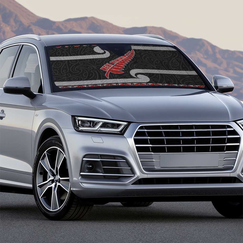 New Zealand Christmas Auto Sun Shade Meri Kirihimete Silver Fern Knit Style Red Color - Polynesian Pride