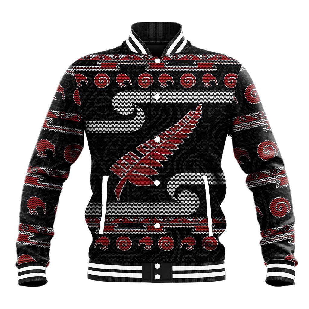 New Zealand Christmas Baseball Jacket Meri Kirihimete Silver Fern Knit Style Red Color - Polynesian Pride