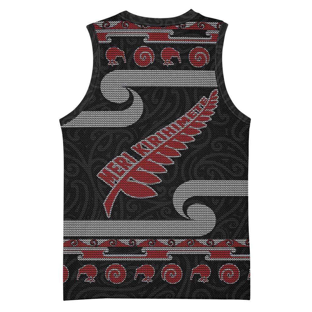 New Zealand Christmas Basketball Jersey Meri Kirihimete Silver Fern Knit Style Red Color - Polynesian Pride