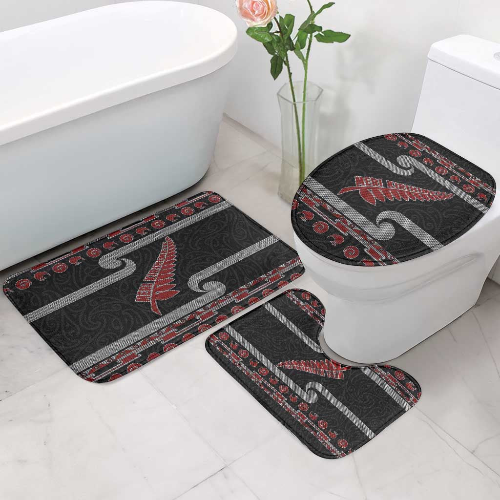 New Zealand Christmas Bathroom Set Meri Kirihimete Silver Fern Knit Style Red Color - Polynesian Pride