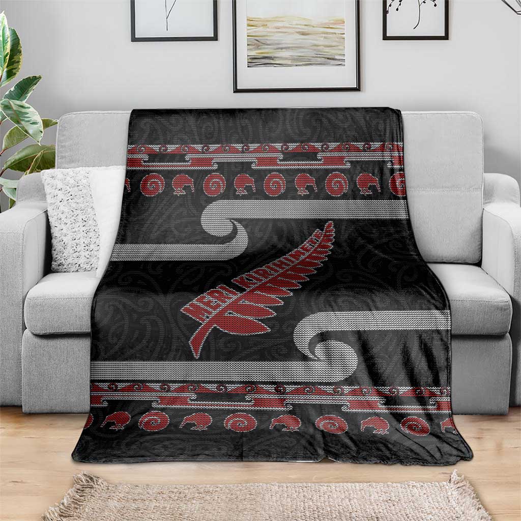 New Zealand Christmas Blanket Meri Kirihimete Silver Fern Knit Style Red Color - Polynesian Pride