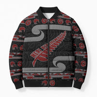 New Zealand Christmas Bomber Puffer Jacket Meri Kirihimete Silver Fern Knit Style Red Color - Polynesian Pride