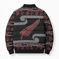New Zealand Christmas Bomber Puffer Jacket Meri Kirihimete Silver Fern Knit Style Red Color - Polynesian Pride