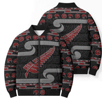 New Zealand Christmas Bomber Puffer Jacket Meri Kirihimete Silver Fern Knit Style Red Color - Polynesian Pride