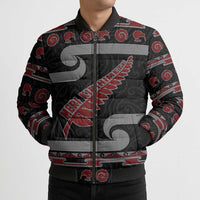 New Zealand Christmas Bomber Puffer Jacket Meri Kirihimete Silver Fern Knit Style Red Color - Polynesian Pride