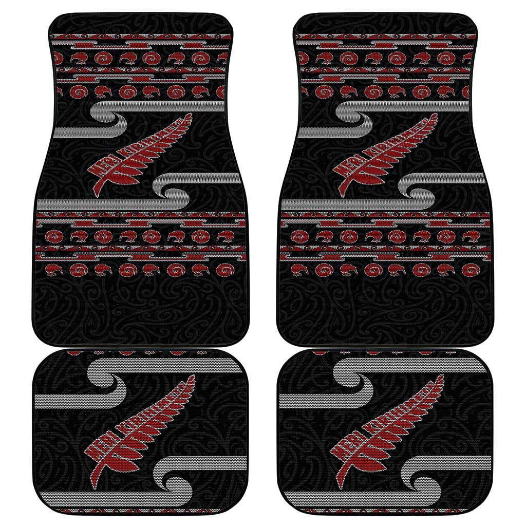 New Zealand Christmas Car Mats Meri Kirihimete Silver Fern Knit Style Red Color - Polynesian Pride