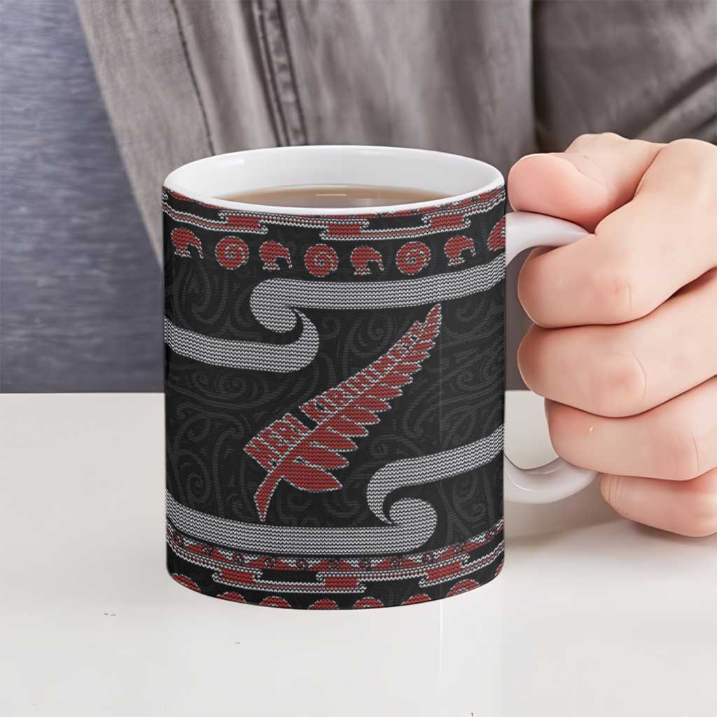 New Zealand Christmas Ceramic Mug Meri Kirihimete Silver Fern Knit Style Red Color - Polynesian Pride