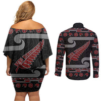 New Zealand Christmas Couples Matching Off Shoulder Short Dress and Long Sleeve Button Shirt Meri Kirihimete Silver Fern Knit Style Red Color - Polynesian Pride